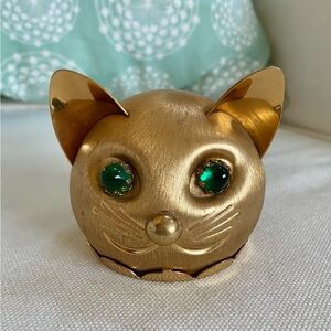 Vintage Napier Brushed Gold Tone Metal Green Cabochon Eyes Cat Head Bank MCM